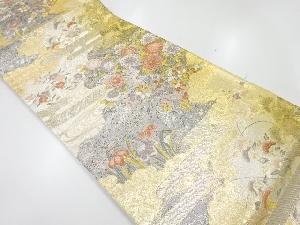 リサイクル　未使用品　ヱ霞に秋草模様織出し袋帯（未仕立て）